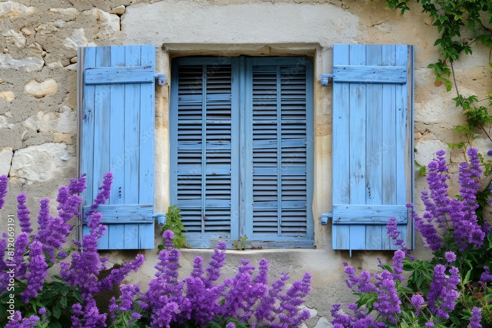 Vibrant purple flowers bloom by a quaint window with weathered blue shutters on an old stone facade