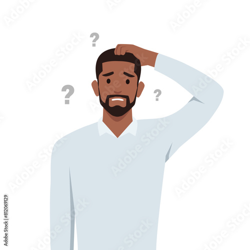 Young black man confused in Casual wear scratching his head. Unhappy man in puzzled expression. Flat vector illustration isolated on white background