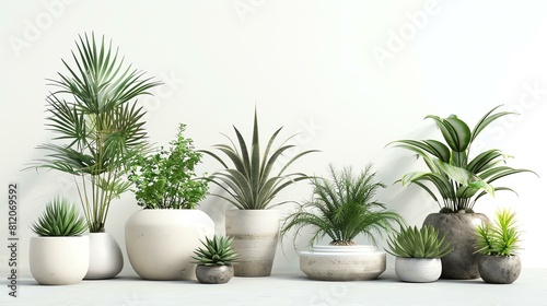 A variety of indoor plants in pots on a white background. The plants are all different shapes and sizes, and they are all lush and green.