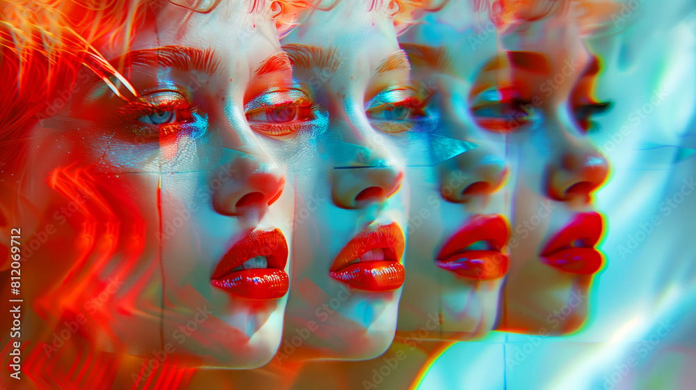 A woman's face is shown in four different angles, with her lips painted red. A bold, vibrant feel, with the red lips, the bright colors of the background. multiple angle argentinian supermodel