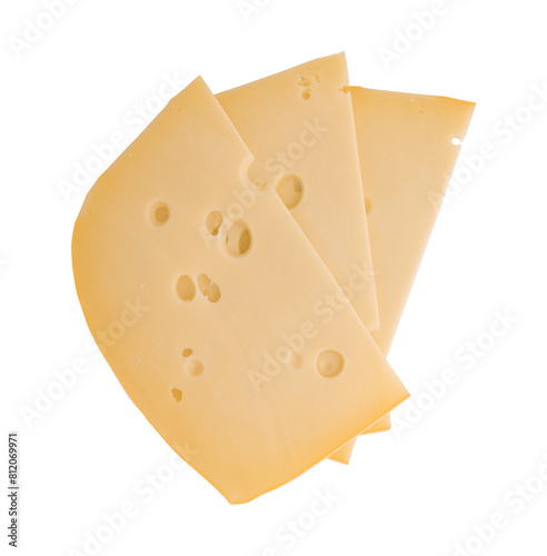 maasdam cheese slices with holes closeup, swiss cheese isolated, top view