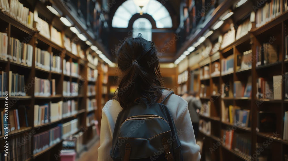 Thoughtful female student walking between bookshelves in a library