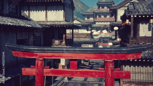A vibrant red gate standing before a picturesque row of traditional Japanese buildings