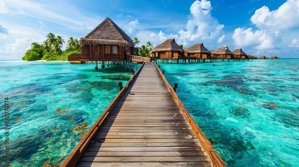 Tropical Island Overwater Bungalows with Wooden Pier | Exotic Ocean Resort for Luxury Travel and Vacation Marketing Tropical Island Overwater Bungalows with Wooden Pier | Exotic Ocean Resort for Luxury Travel and Vacation Marketing
