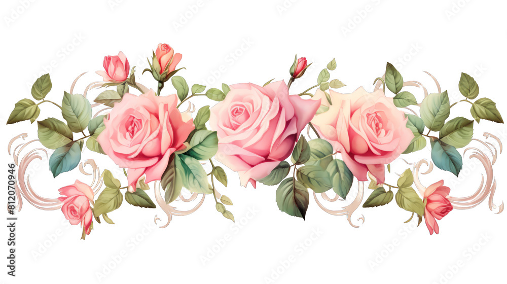 Vintage style frame with watercolor roses and ivy leaves, clipart, single object isolated on transpatrent background, for classic greeting cards