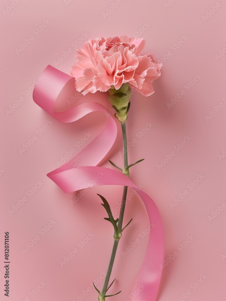 A pink carnation flower with a pink ribbon, pink background