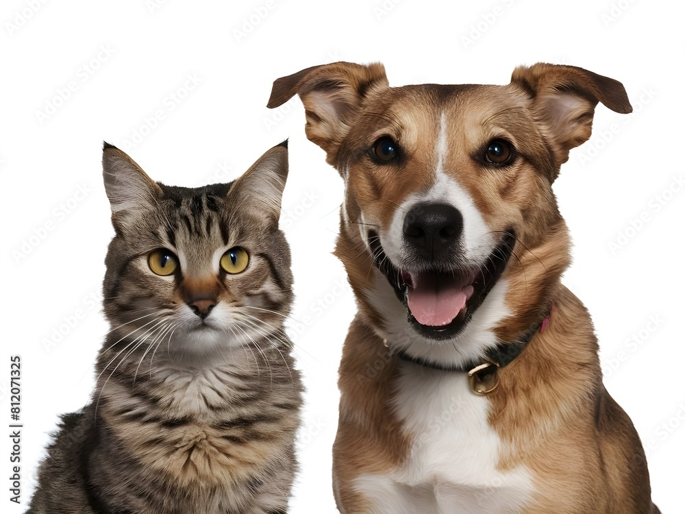 Dog and cat sitting together on white background