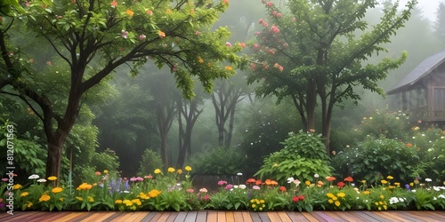 A rainy day in a colorful flower garden with a wooden deck in the foreground