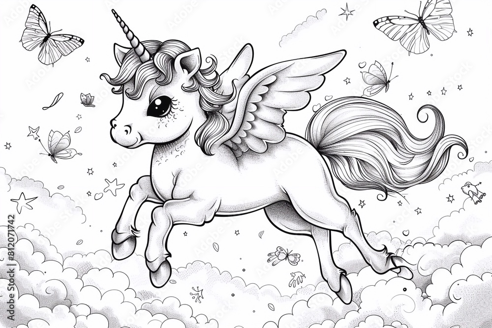 Cute little unicorn, pony in the sky with butterflies. Black and white linear drawing. For children's design of coloring books, prints, posters, cards, stickers, tattoos. Vector illustration, 