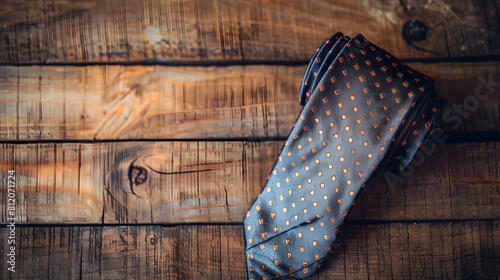 A folded tie lying on a wooden background with copy space for Father's Day.