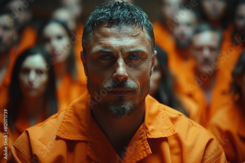 Handsome man in an orange jumpsuit stands out with his piercing stare among a focused group