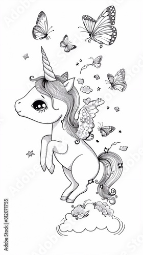 Cute little unicorn  pony in the sky with butterflies. Black and white linear drawing. For children s design of coloring books  prints  posters  cards  stickers  tattoos. Vector illustration  vertical