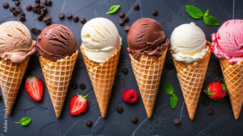Different flavor ice cream scoops in waffle cones, chocolate, vanilla and strawberry