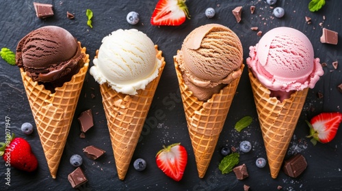 Different flavor ice cream scoops in waffle cones, chocolate, vanilla and strawberry