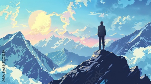 Rear view. Successful Business man standing on the top of the mountain looking at the view. Business success concept