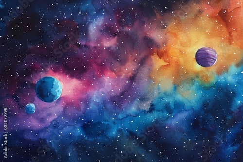 The watercolor illustration of space with planets creates a cosmic composition that amazes with its beauty and mystery. Each planet, painted with different hues and textures, reflects its unique chara photo