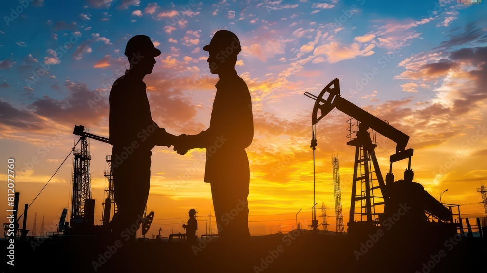Silhouette of two engineers handshaking and making corporate contract outside in front of oil pump. People in helmets working in field at the oil