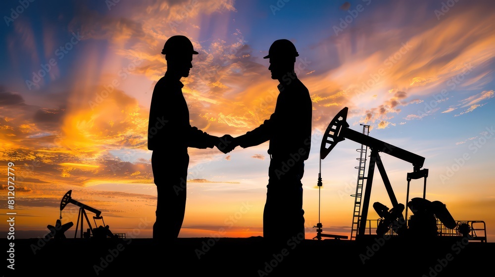 Obraz premium Silhouette of two engineers handshaking and making corporate contract outside in front of oil pump. People in helmets working in field at the oil