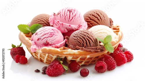 Various ice cream scoops on waffle