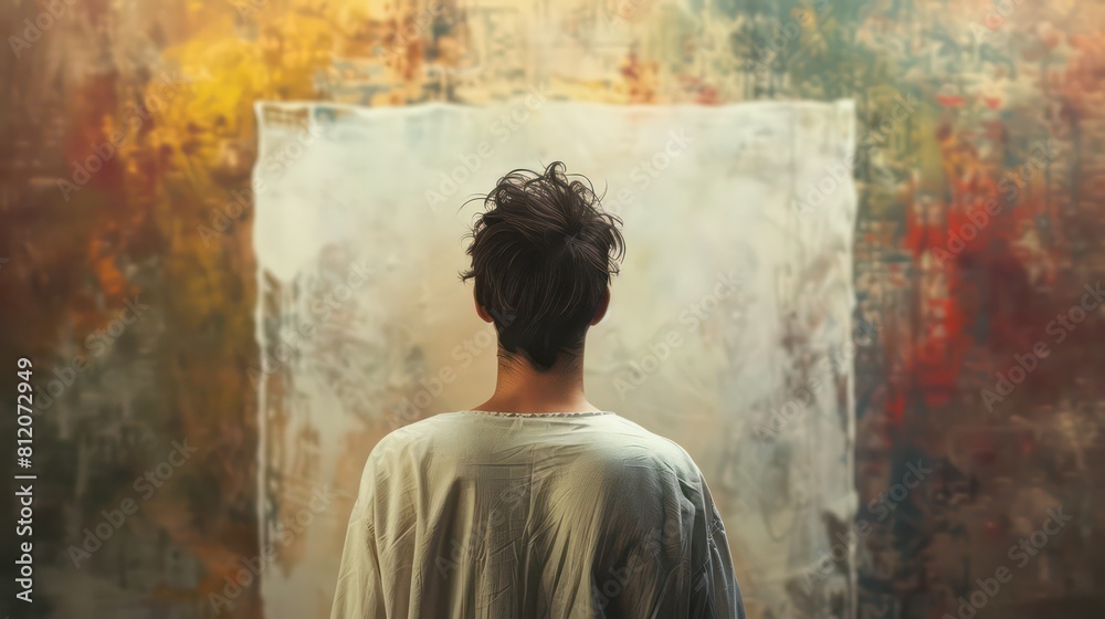 Obraz premium The back of an artists head a lone figure standing in front of a blank canvas pondering their next stroke with an intense stare and furrowed brows capturing the intense focus and dedication