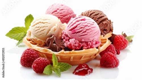 Various ice cream scoops on waffle