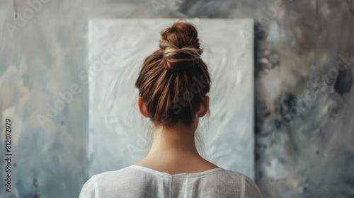 The back of an artists head a lone figure standing in front of a blank canvas pondering their next stroke with an intense stare and furrowed brows capturing the intense focus and dedication