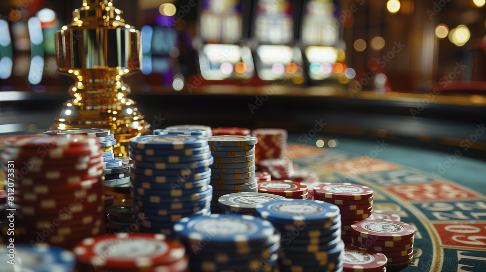 poker chips on a poker table and roulette