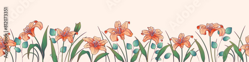 Seamless field of vector illustration of lily flowers. Hand-drawn floral border for decoration of room, book, design of cover, card.