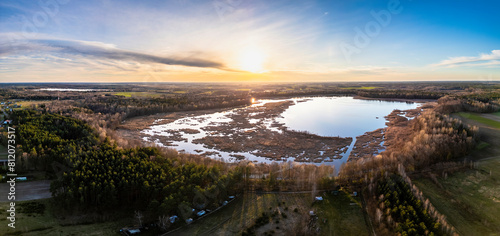 Sunset over the lake. View from the drone.