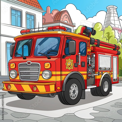 This vibrant illustration showcases a modern fire rescue vehicle fully equipped, rushing through a city to respond to an emergency, ideal for children's coloring. © Roberto