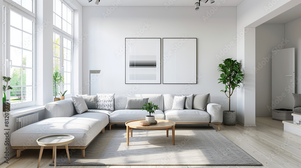 Fototapeta premium Modern living room with furniture in Scandinavian style