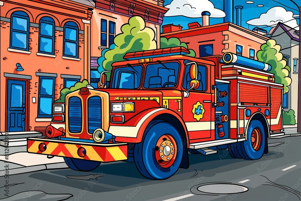 Fototapeta premium This vibrant illustration showcases a modern fire rescue vehicle fully equipped, rushing through a city to respond to an emergency, ideal for children's coloring.