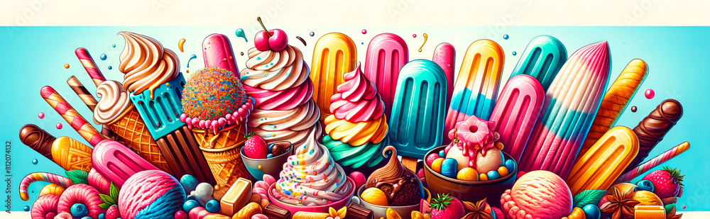 Design a vibrant and colorful banner featuring a variety of ice creams. The banner should display an assortment of ice cream types including classic Design a vibrant and colorful banner featuring a variety of ice creams. The banner should display an assortment of ice cream types including classic