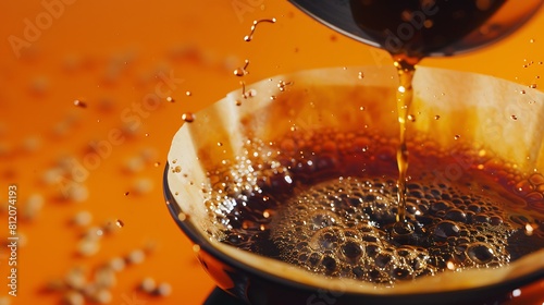 A close-up of a pour-over coffee brewing on an orange table, capturing the mesmerizing drip of golden liquid.