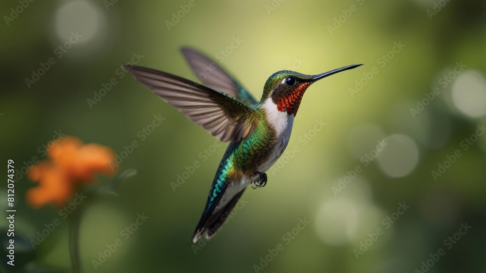 Naklejka premium A hovering hummingbirds in isolated blurred bokeh green garden background