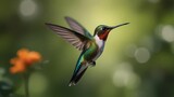 A hovering hummingbirds in isolated blurred bokeh green garden background