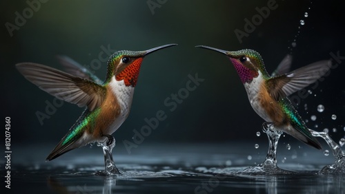 Two hummingbird doing bathing ritual. water splashing. warm sunlight backlit