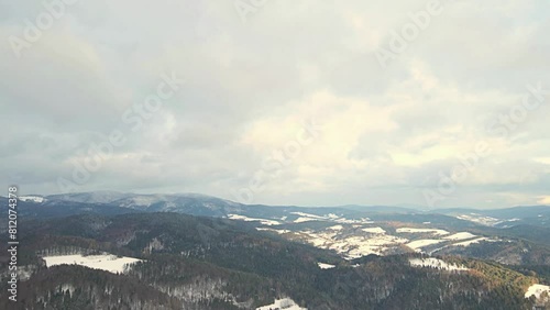 Aerial view of the Poprad Landscape Park in the Beskid Sadecki on a sunny,winter day.