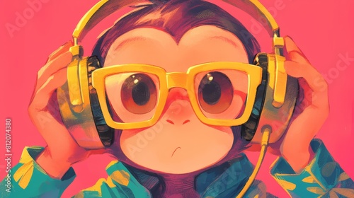 A cute baby monkey with headphones and glasses, in the style of graffiti