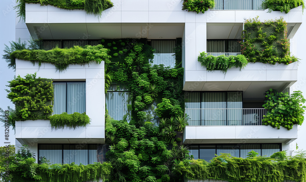 A white modern residential building with green plant walls stands as a symbol of sustainable living and an ecological approach to urban planning.