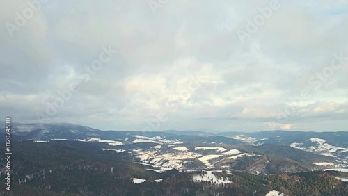 Aerial view of the Poprad Landscape Park in the Beskid Sadecki on a sunny,winter day.