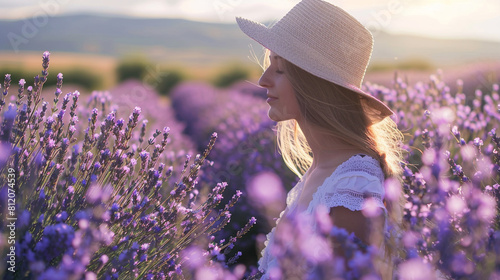 Fototapeta Naklejka Na Ścianę i Meble -  A woman in a field of blooming lavender, surrounded by the fragrance of the flowers.