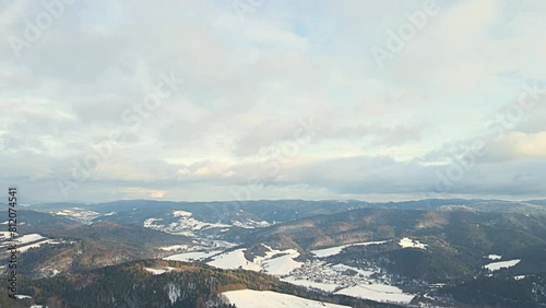 Aerial view of the Poprad Landscape Park in the Beskid Sadecki on a sunny,winter day.