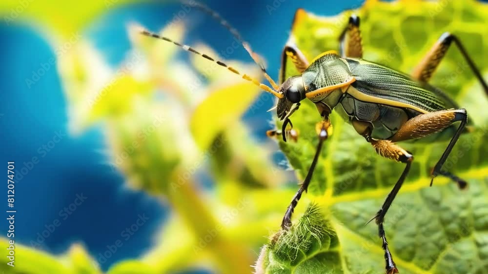 A brown and black insect  is perched on  a green leaf 
