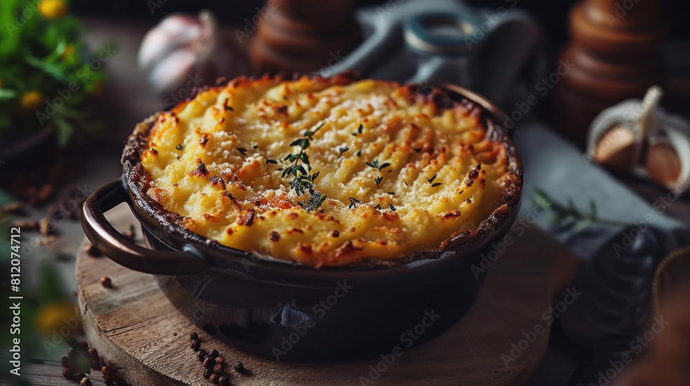 Shepherd's pie, traditional British dish with minced meat and mashed potato Shepherd's pie, traditional British dish with minced meat and mashed potato