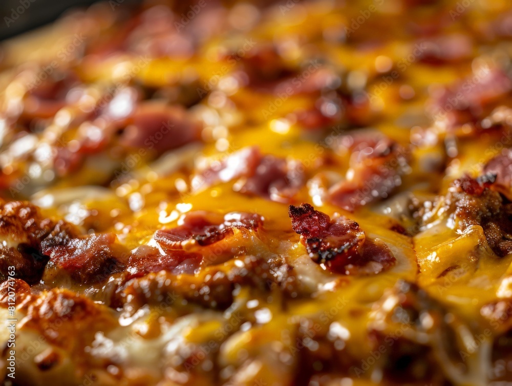 A closeup shot of a greasy pizza loaded with processed meats and cheese, with puddles of oil on the crust, representing an unhealthy meal choice A closeup shot of a greasy pizza loaded with processed meats and cheese, with puddles of oil on the crust, representing an unhealthy meal choice