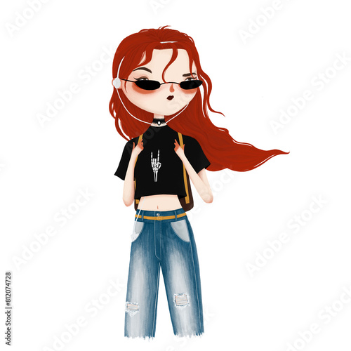 90s alternative rock girl crayon drawing illustration, red head girl with skeleton hand black crop top, blue jeans, sunglasses and headphones, long red hair metal head moody woman digital painting