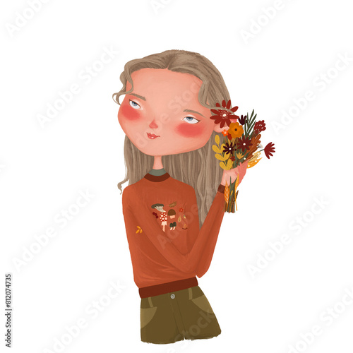 fall girl crayon drawing autumn illustration, hand drawn blushing autumn girl with fall flowers bouquet digital painting, cute cartoon beautiful woman with light brown hair wearing fall orange sweater