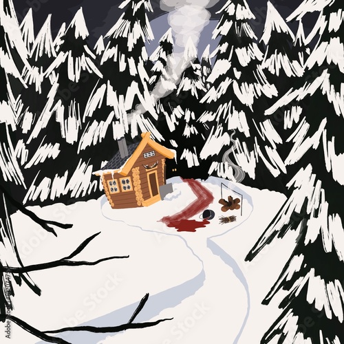 cartoon winter forest crime scene with log cabin, campfire, pine trees, snow, bloody trail and spooky eyes, hand drawn winter wonderland with eerie dark corner, cold snow nature landscape background