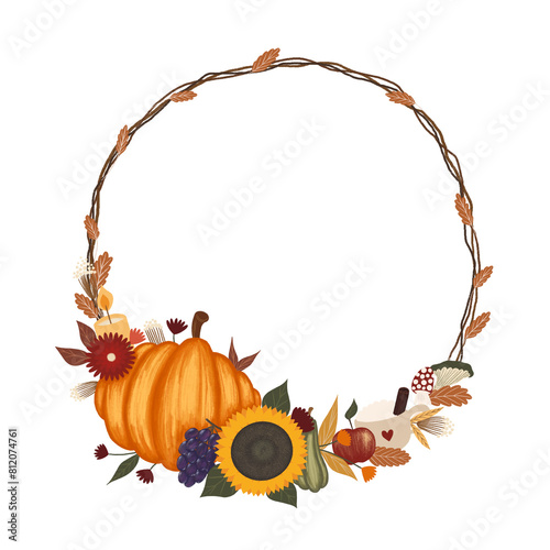 hand drawn fall wreath with orange pumpkin, sunflower, green gourd, mushrooms, red apple, pear, fall flowers, autumn leaves, candle, cinnamon coffee mug, vines seasonal foliage illustration drawing